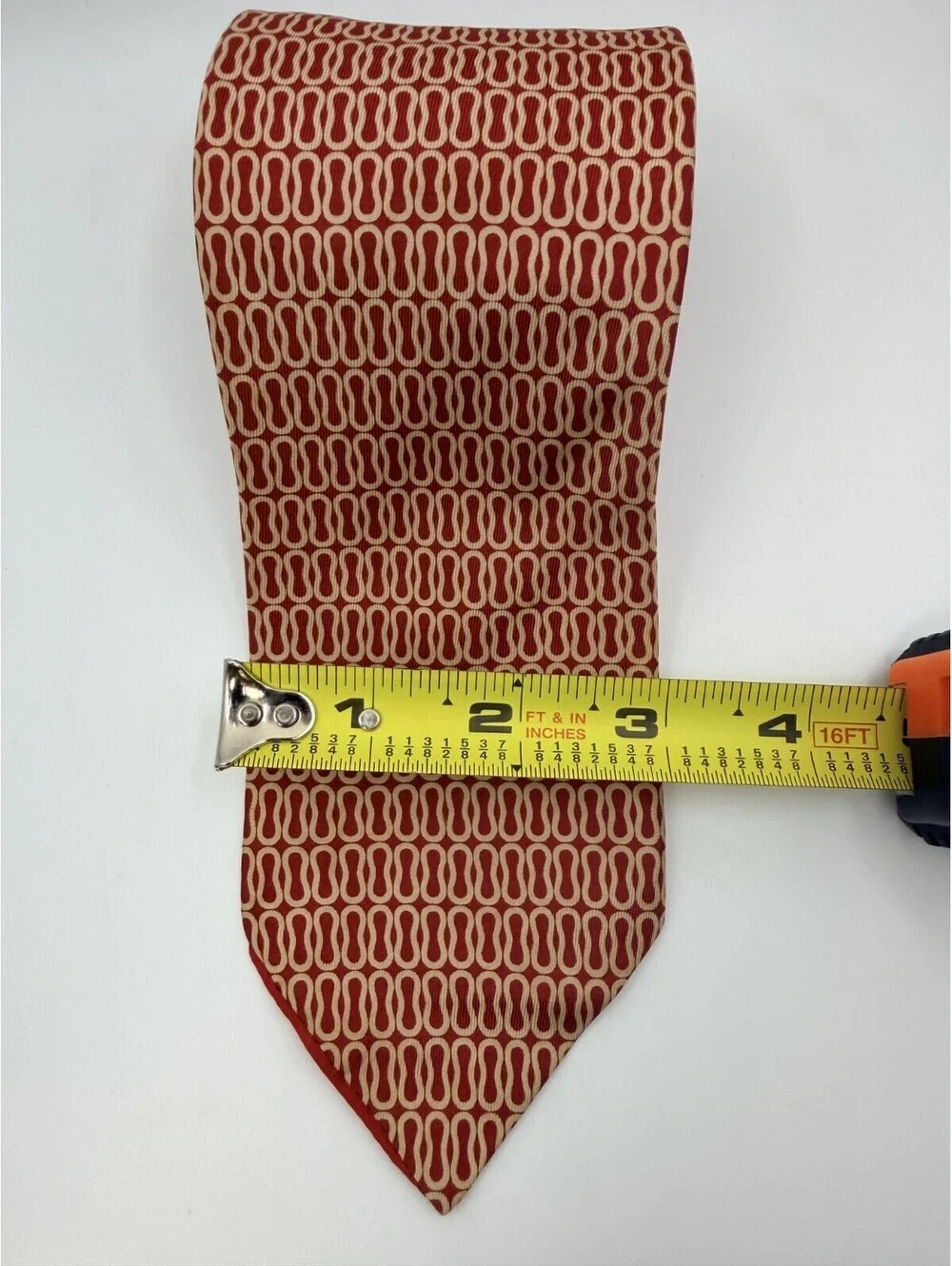 Fiorio Milano All Silk Hand Printed Necktie Red Cream Chain Link Made in Italy